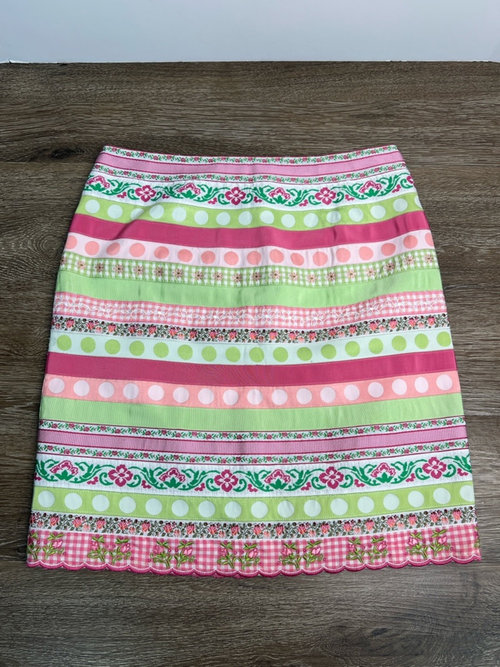 Lilly Pulitzer Striped Ribbon Embroidered Mini Skirt Size 2 Pink Green White